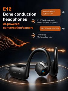 E12 Bone Conduction Headphones with Camera, Open-Ear Bluetooth Earbuds Black