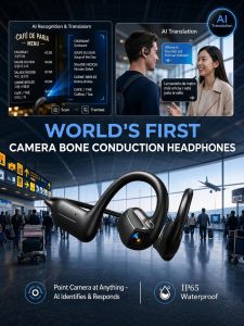 E12 Bone Conduction Headphones with Camera, Open-Ear Bluetooth Earbuds Black