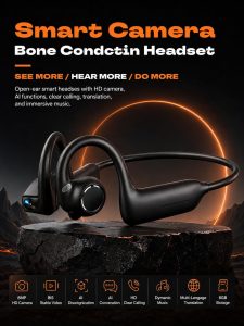 E12 Bone Conduction Headphones with Camera, Open-Ear Bluetooth Earbuds Black